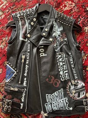 Diesel Black Gold Black Label Made in Italy Studded Biker Graffiti Leather Vest